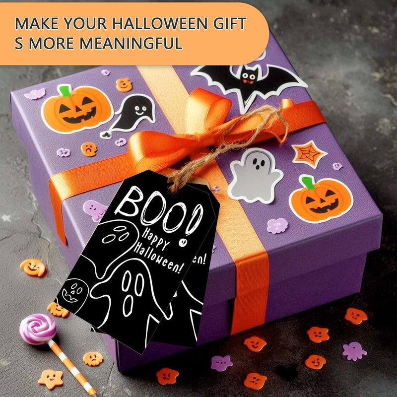 RPLCSPC Black Halloween Paper Gift Tags with String-50Pcs, Happy Halloween Cute Ghost Boo Tags for Goodie Bags, 2 x 3.5 Inch Writable Waterproof Hanging Labels for Decor Party Supplies, Gift Wrapping-B09 - Image 4